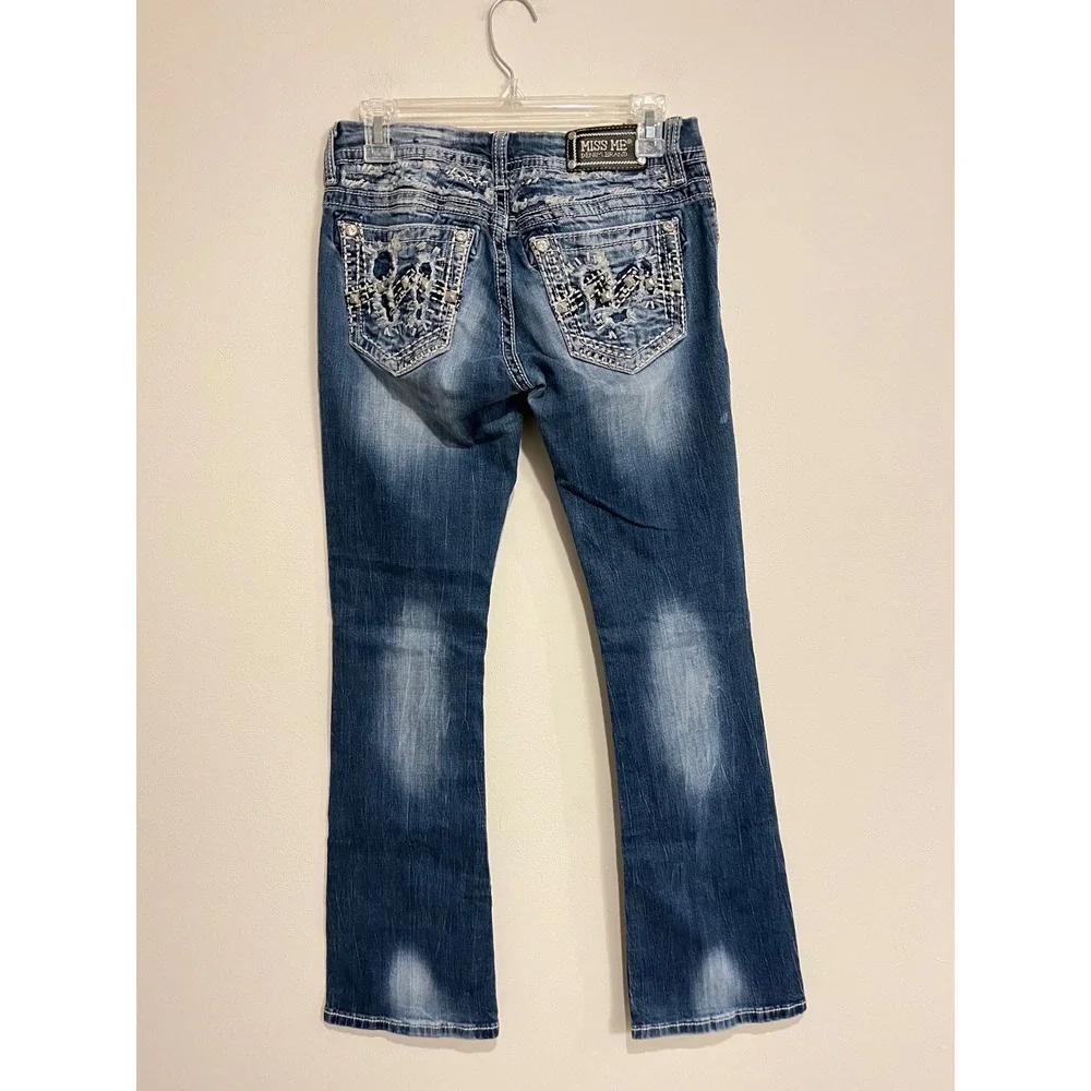 Miss Me Jeans Y2K Low Rise Boot Cut Embellished Rhinestones Thick Stitch Size 28